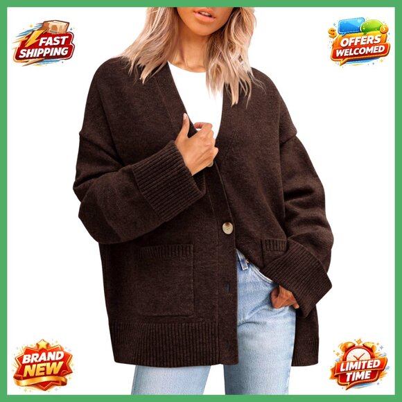 Oversized Chunky Knit Cardigan with Pockets Drop Shoulder V Neck